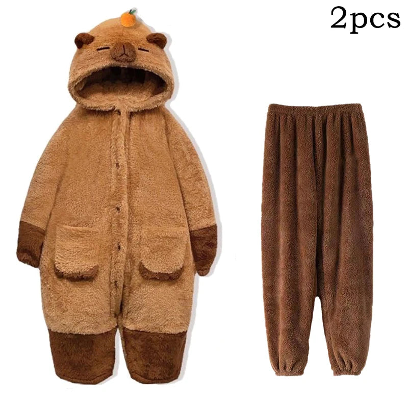 Ceylan Women’s Cozy Fleece Capybara  Hooded Pajama Set