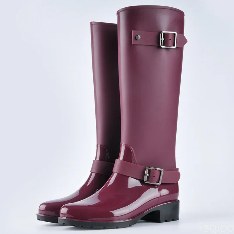 Women's Waterproof Knee-High Rain Boots with Buckles