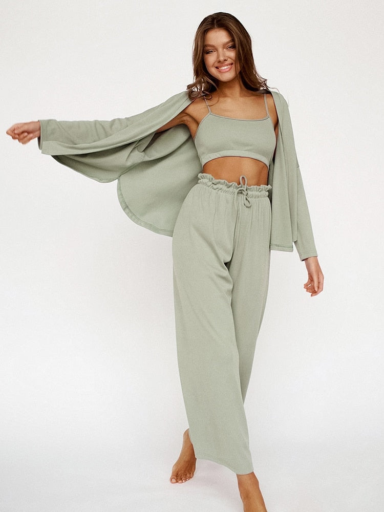 Women's 3-Piece Loungewear Set Crop Top Cardigan Trousers
