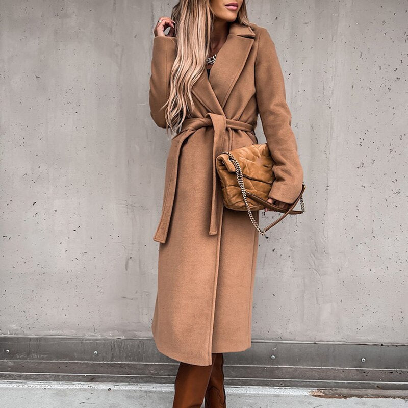 Women's Belted Wrap Coat with Faux Fur Collar