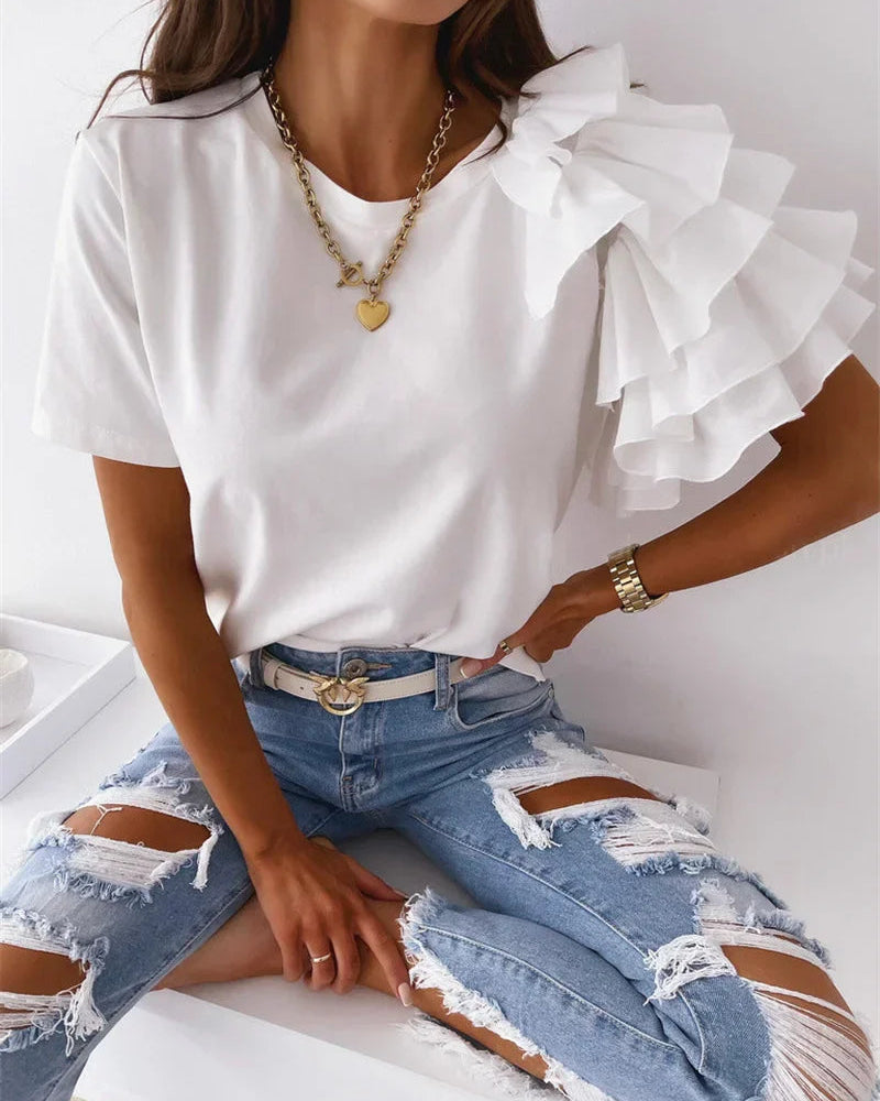 Women's Crew Neck T-Shirt with Asymmetrical Tiered Ruffle Sleeves