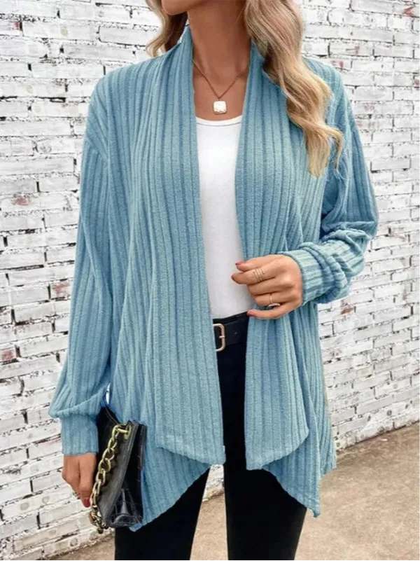 Women's Open-Front Ribbed Knit Draped Cardigan With Long Sleeves