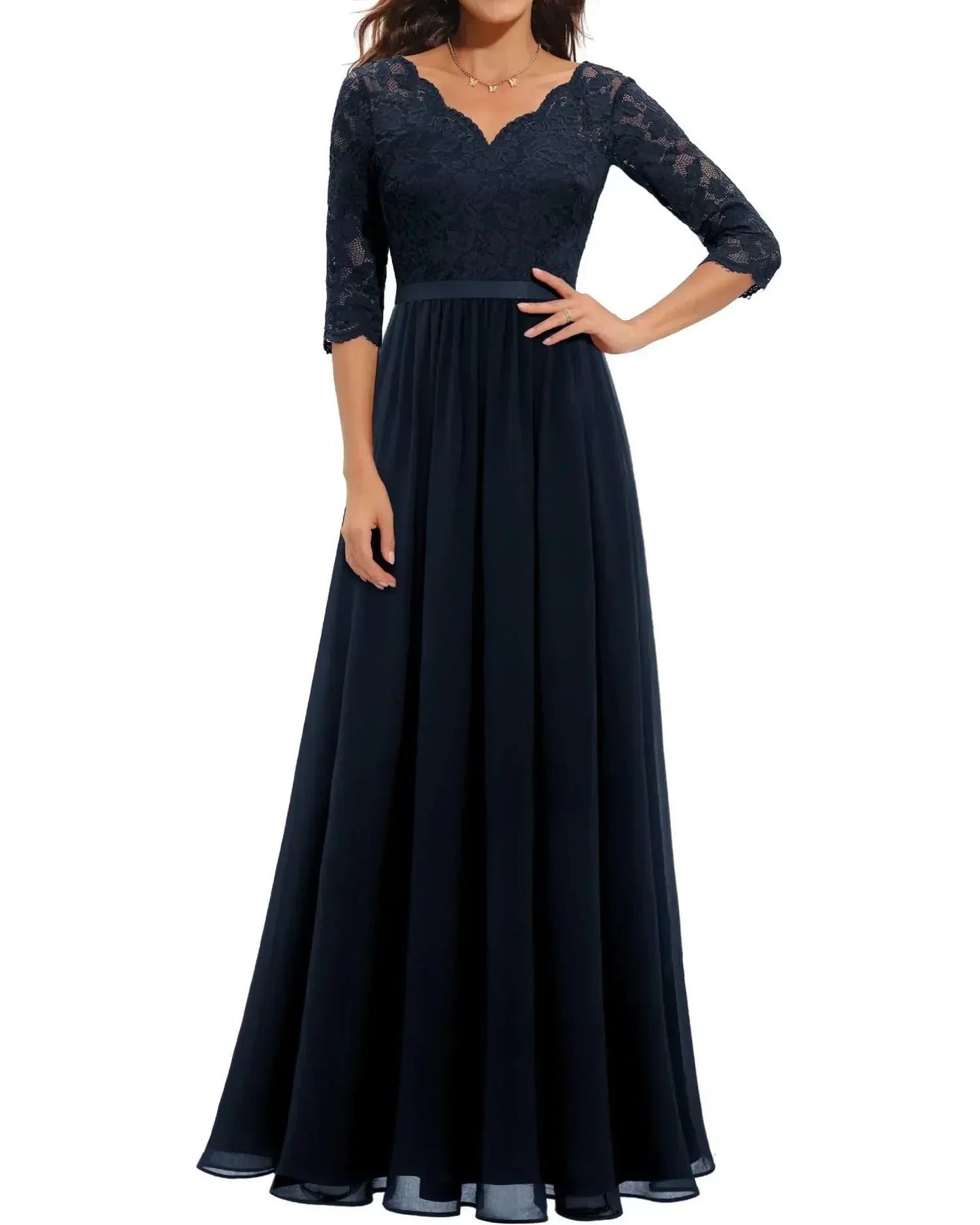 Women’s Lace Maxi Dress with Scalloped V-Neck and Three-Quarter Sleeves