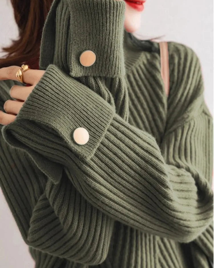 Ceylan Women's Pullover Ribbed Mock Neck Button Detail Sweater