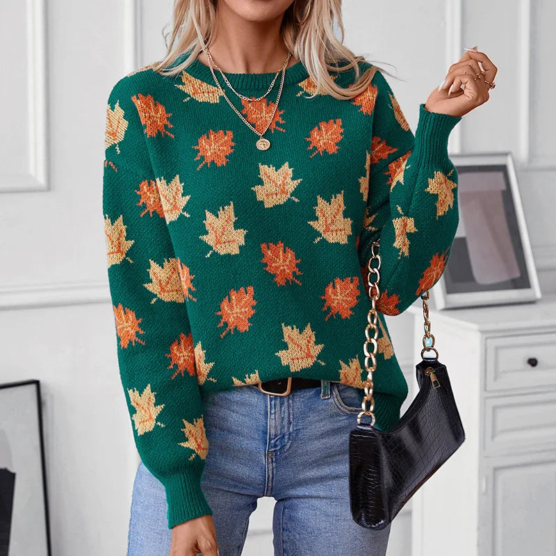 Ceylan Women’s Oversized Knit Sweater Maple Leaf Graphic