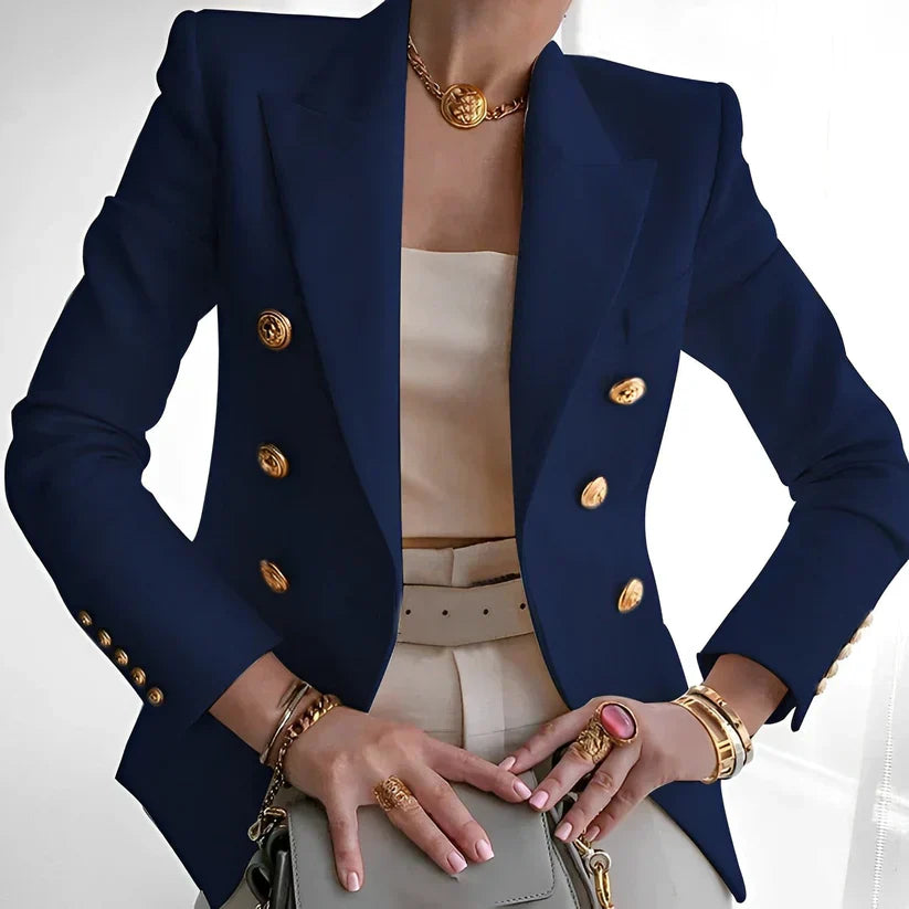 Women’s Double-Breasted Blazer with Gold Buttons and Tailored Peak Lapel