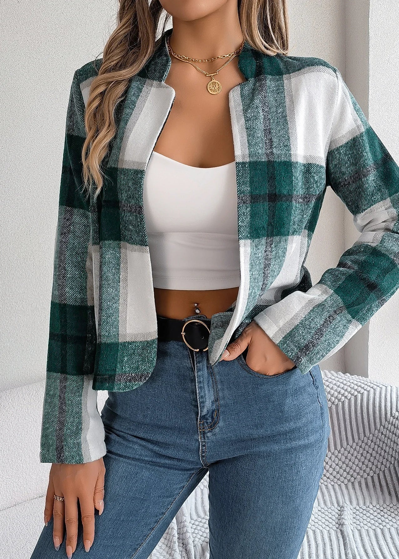 Ceylan Women’s Plaid Open Front Jacket Smart Casual Fit