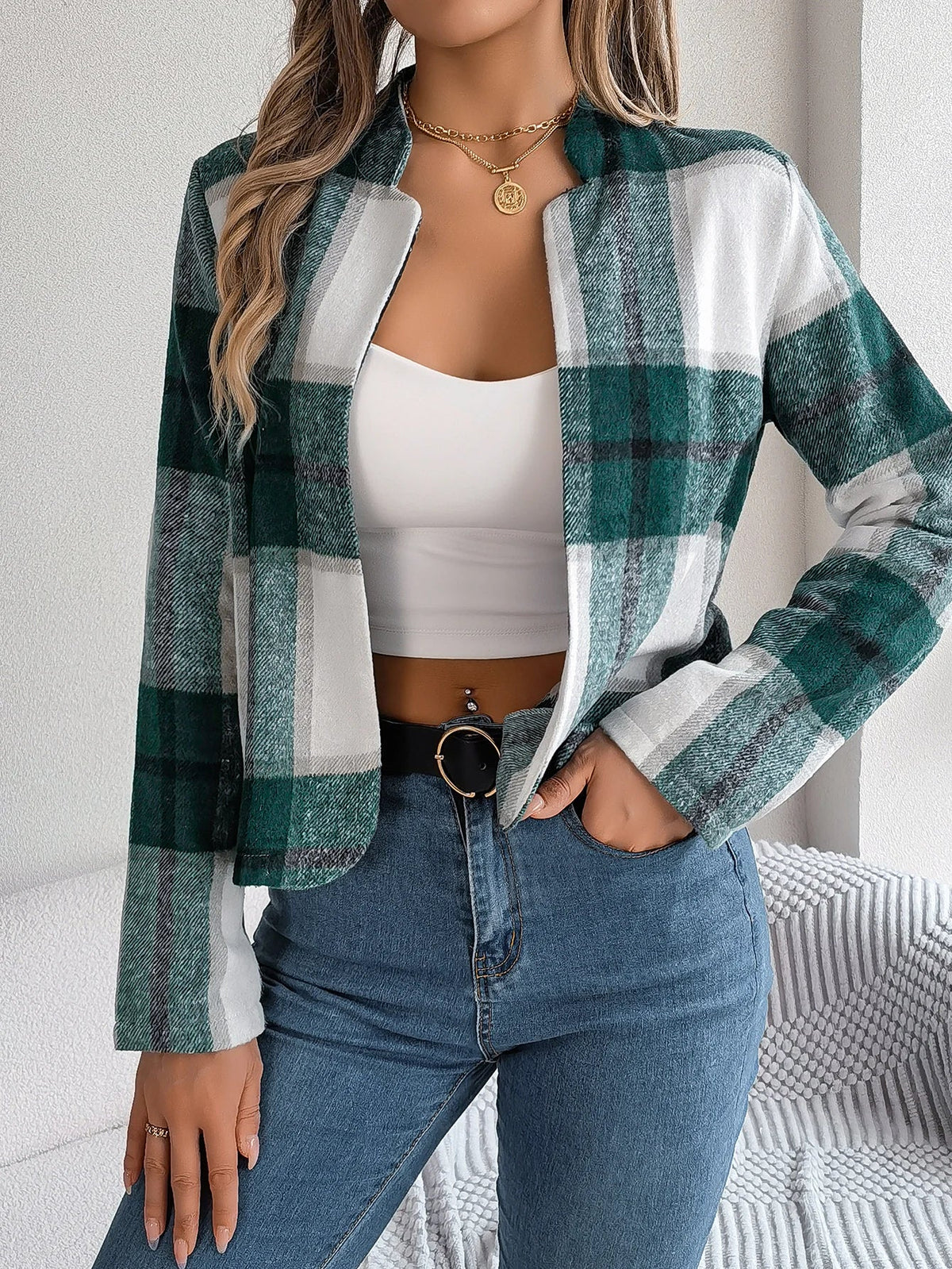 Women's Cropped Plaid Flannel Shacket With Button-Front Closure And Long Sleeves
