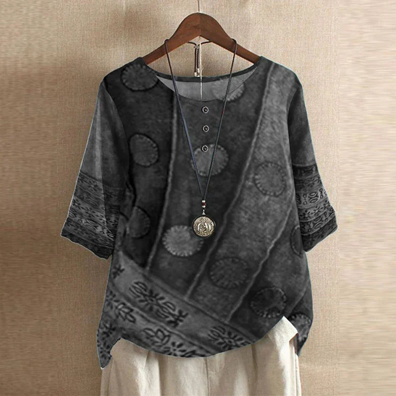 Women’s Blouse with 3/4 Sleeves and Retro Artisanal Floral Print