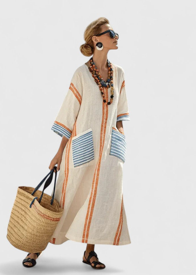 Women’s Kaftan Maxi Dress with V-Neckline and Artisanal Stripe Detail