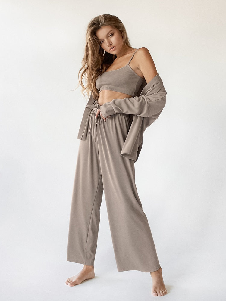 Women's 3-Piece Loungewear Set Crop Top Cardigan Trousers
