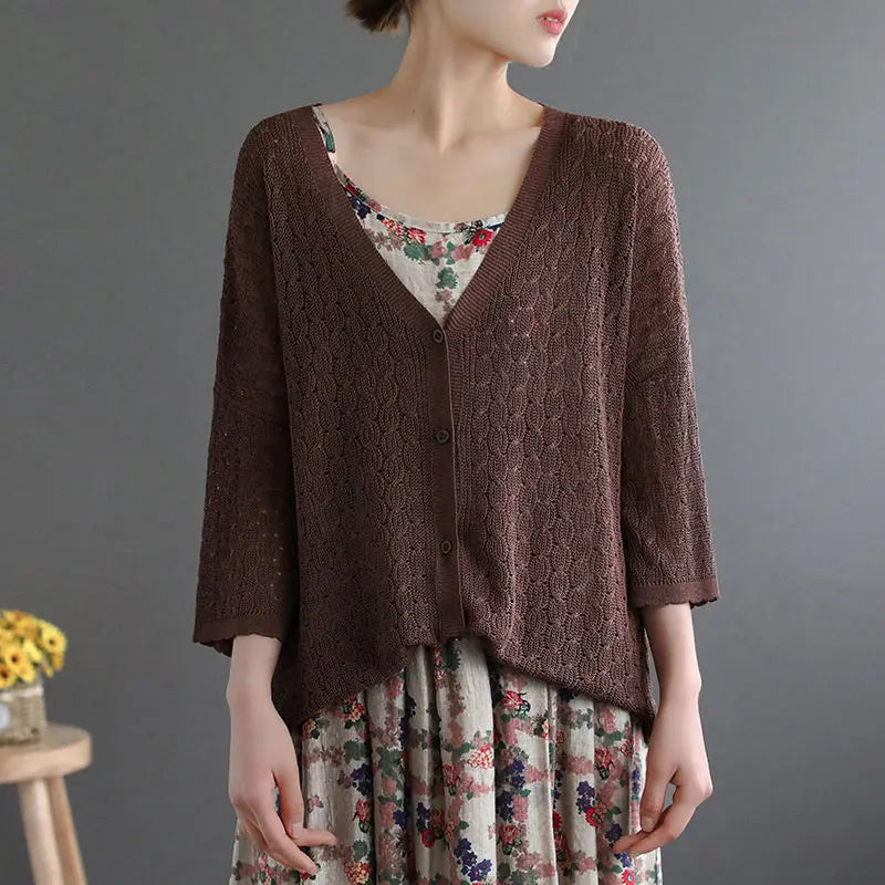 Women's Lightweight Hollow-Knit V-Neck Button-Front Cardigan With 3/4 Sleeves
