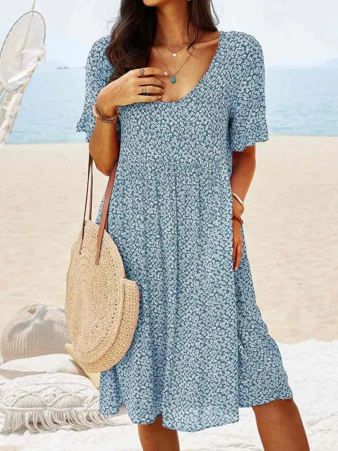 Women’s Floral V-Neck Smock Dress with Short Sleeves