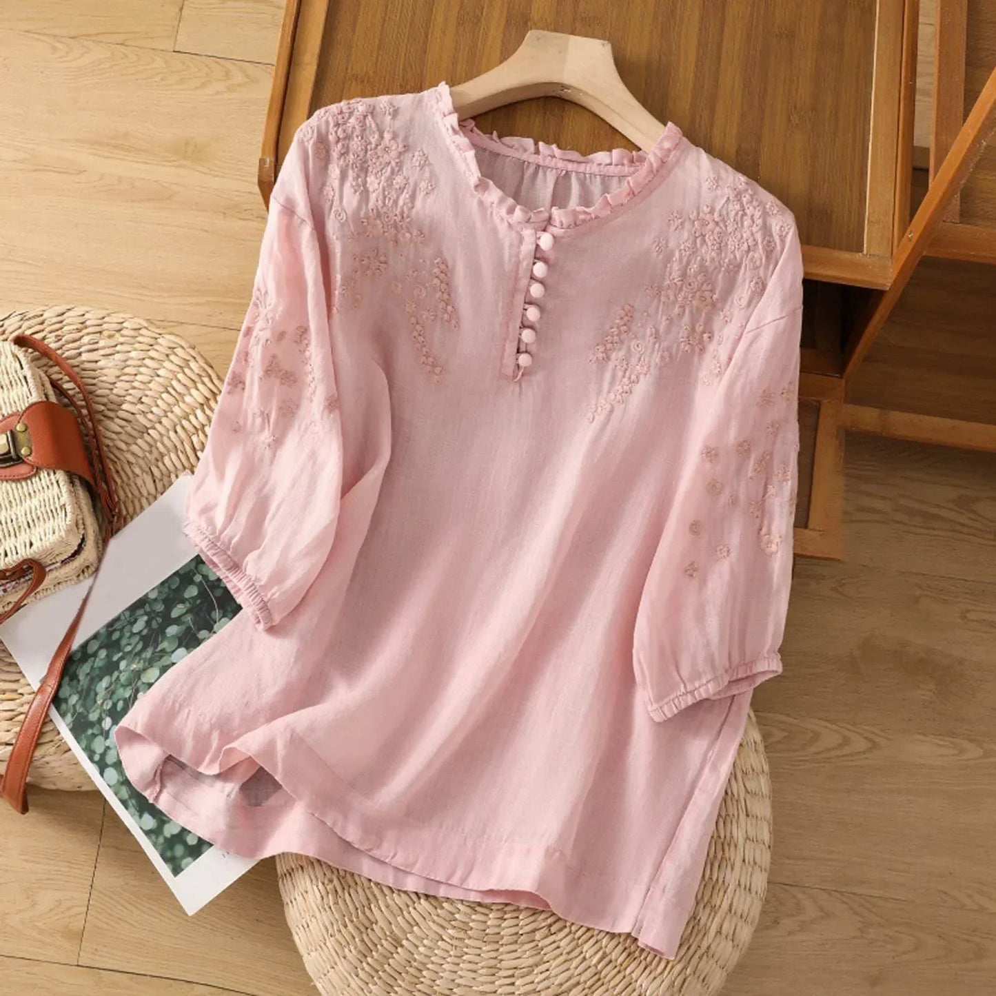 Women’s Embroidered Cotton Blouse with Ruffle Neck and Lantern Sleeves