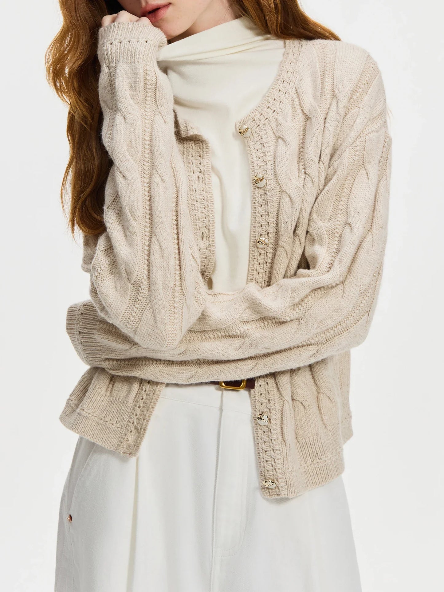 Ceylan Women's Cardigan, Cropped Cable Knit with Buttons
