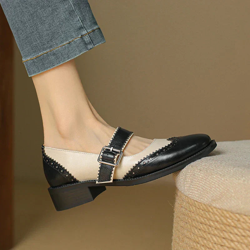 Women’s Mary Jane Shoes Two-Tone Brogue Leather with T-Strap Low Block Heel