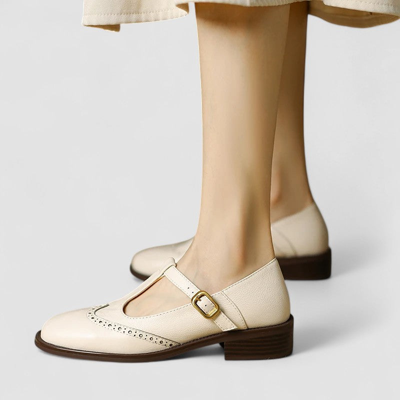 Women’s Mary Jane Shoes with T-Strap Low Heel and Perforated Detail