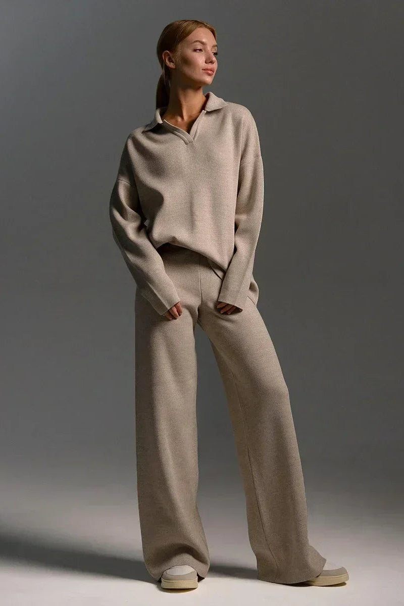 Ceylan Women’s Johnny Collar Sweater Set Wide Leg Silhouette