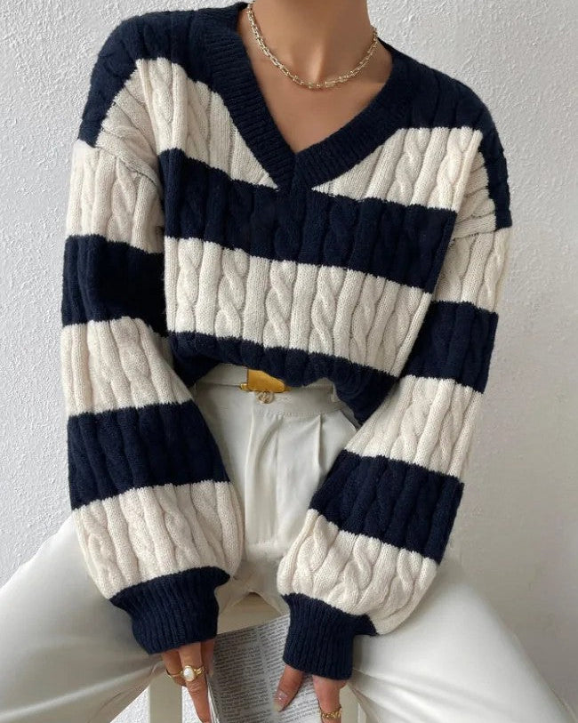 Ceylan Women's Sweater Cropped Striped Cable Knit V-Neck