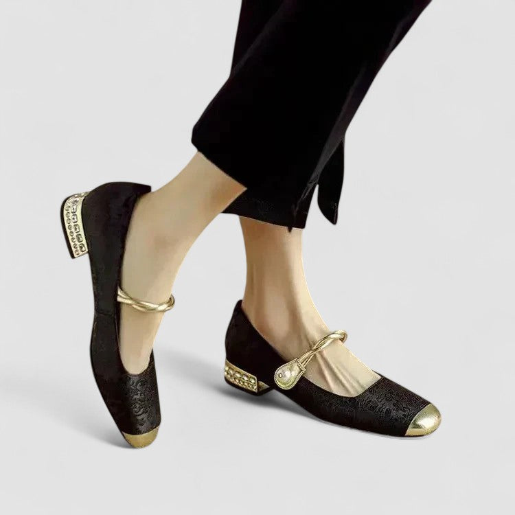 Women’s Mary Jane Shoes with Embossed Floral and Pearl Strap