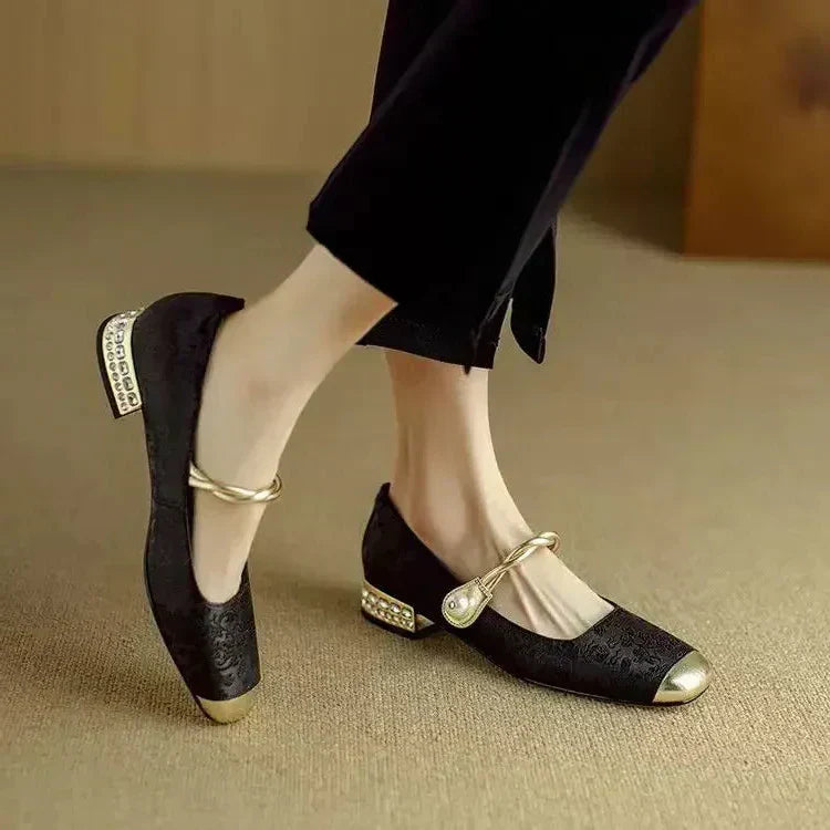Women's Orthopedic Mary Jane Shoes with Pearl Strap and Glitter Block Heel