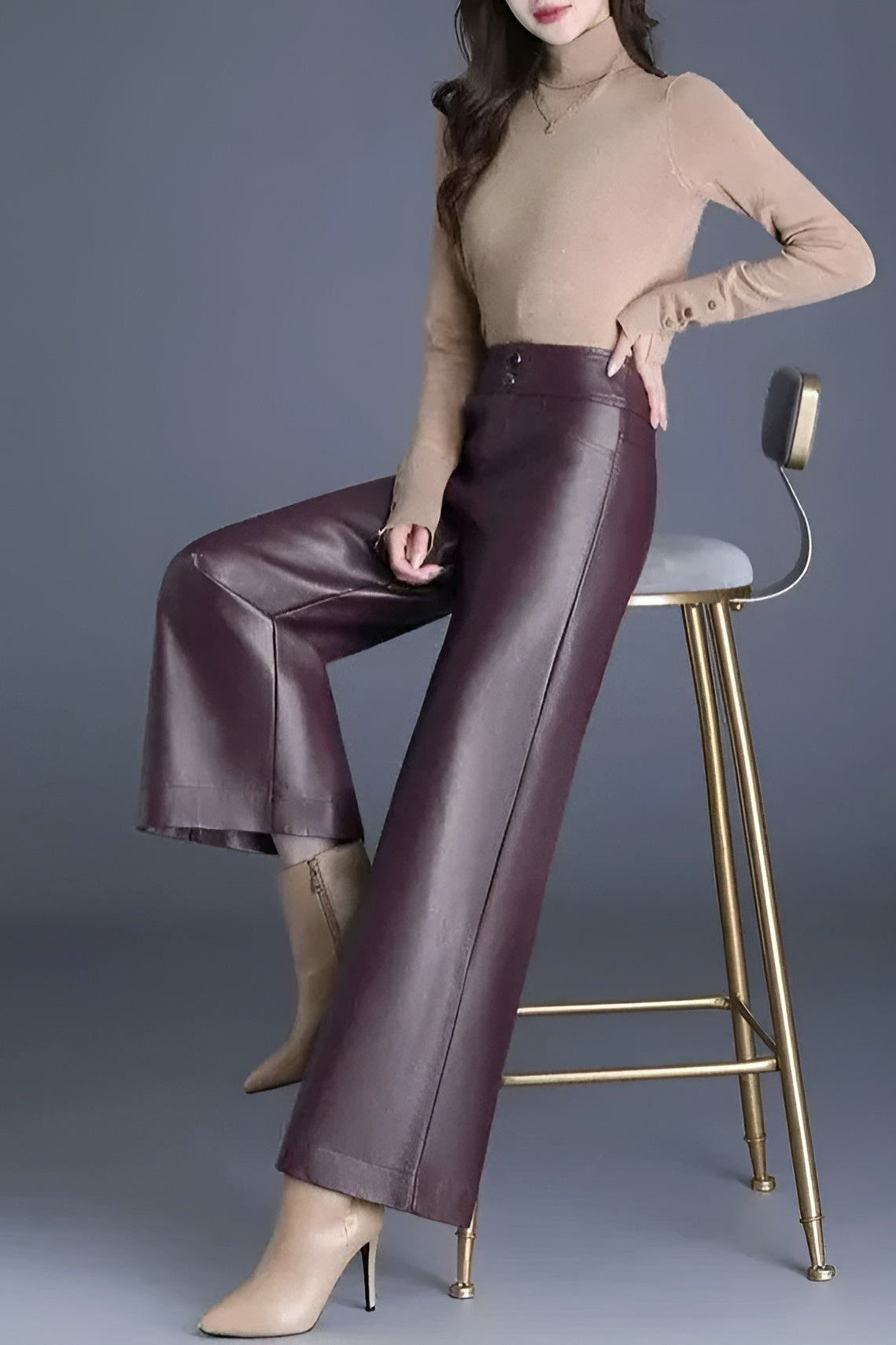Ceylan Women's Faux Leather Trousers High Waist Wide Leg