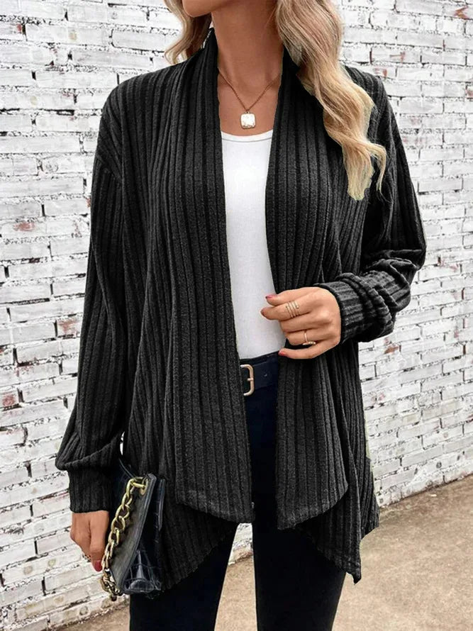 Women's Open-Front Ribbed Knit Draped Cardigan With Long Sleeves