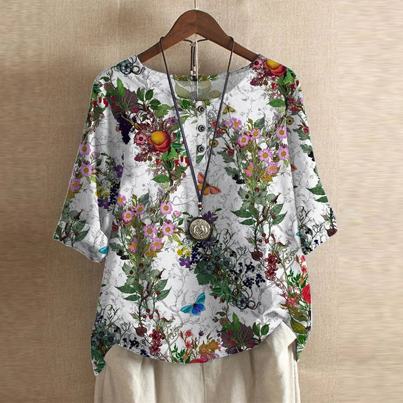 Women’s Blouse with 3/4 Sleeves and Retro Artisanal Floral Print
