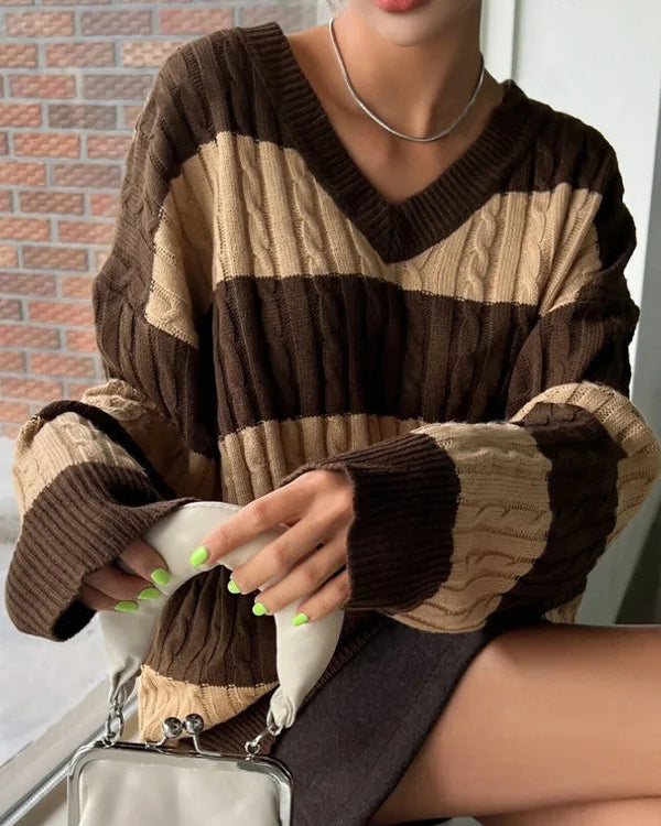 Ceylan Women's Sweater Cropped Striped Cable Knit V-Neck