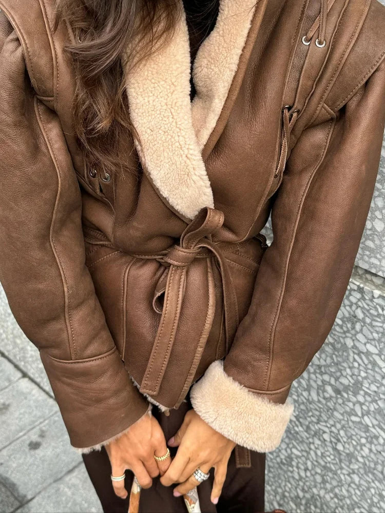 Women's Fur-Lined Belted Coat with Shearling Trim