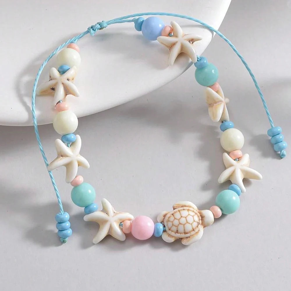 Women's Handwoven Shell Anklet with Starfish Charm