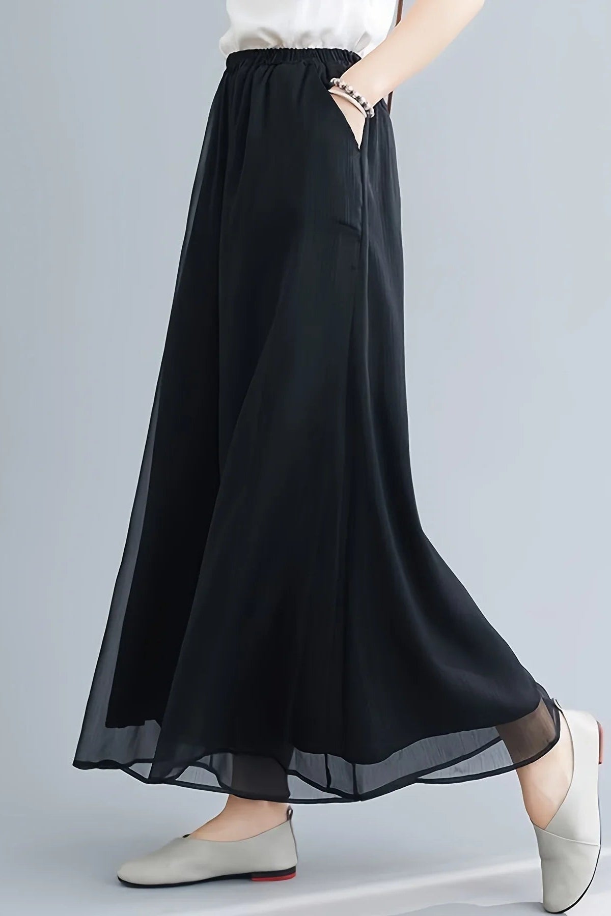 Ceylan Women's Wide Leg Chiffon Pants Sheer Mesh Layer