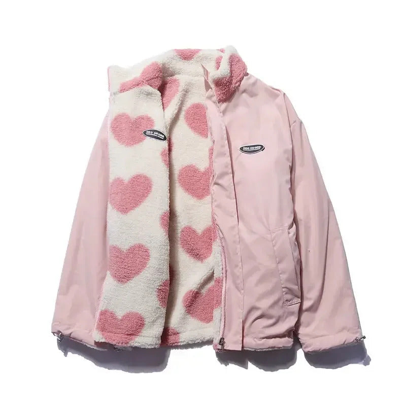 Women's Oversized Heart Print Zip-Up Puffer Jacket With High Collar