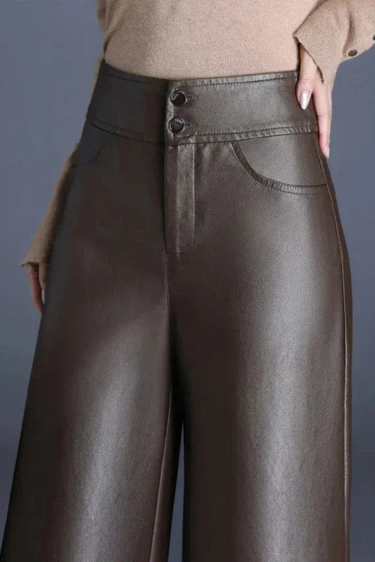 Ceylan Women's Faux Leather Trousers High Waist Wide Leg
