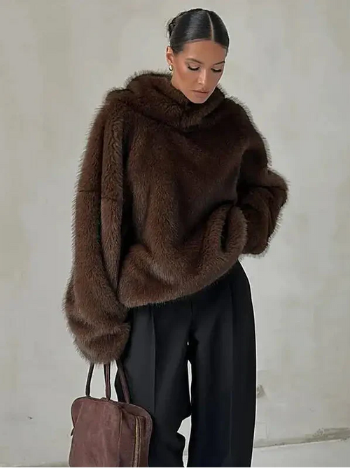 Ceylan Women’s Oversized Faux Fur Hoodie Plush Pullover