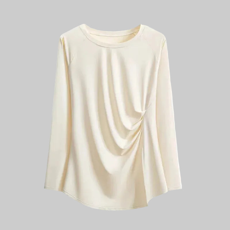 Women’s Long Sleeve Top with Side Ruched Drape and Asymmetric Slit
