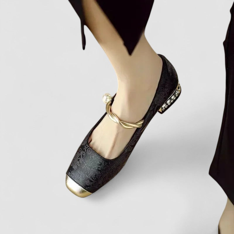 Women’s Mary Jane Shoes with Embossed Floral and Pearl Strap