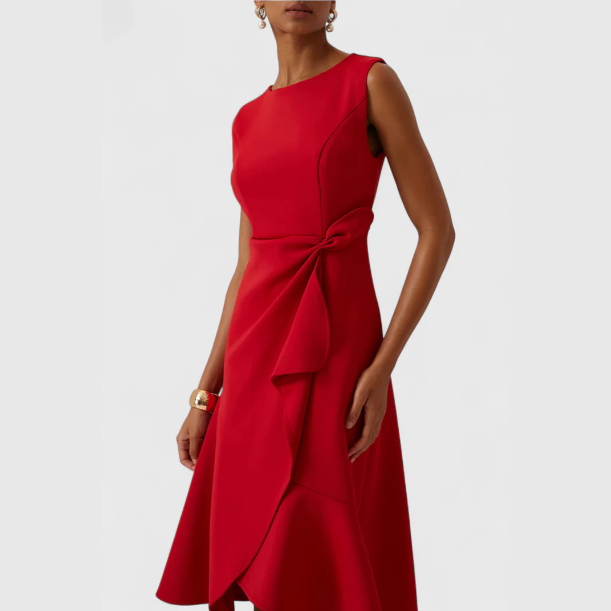 Women’s Midi Dress with Asymmetric Draped Ruffle and Sleeveless Fit