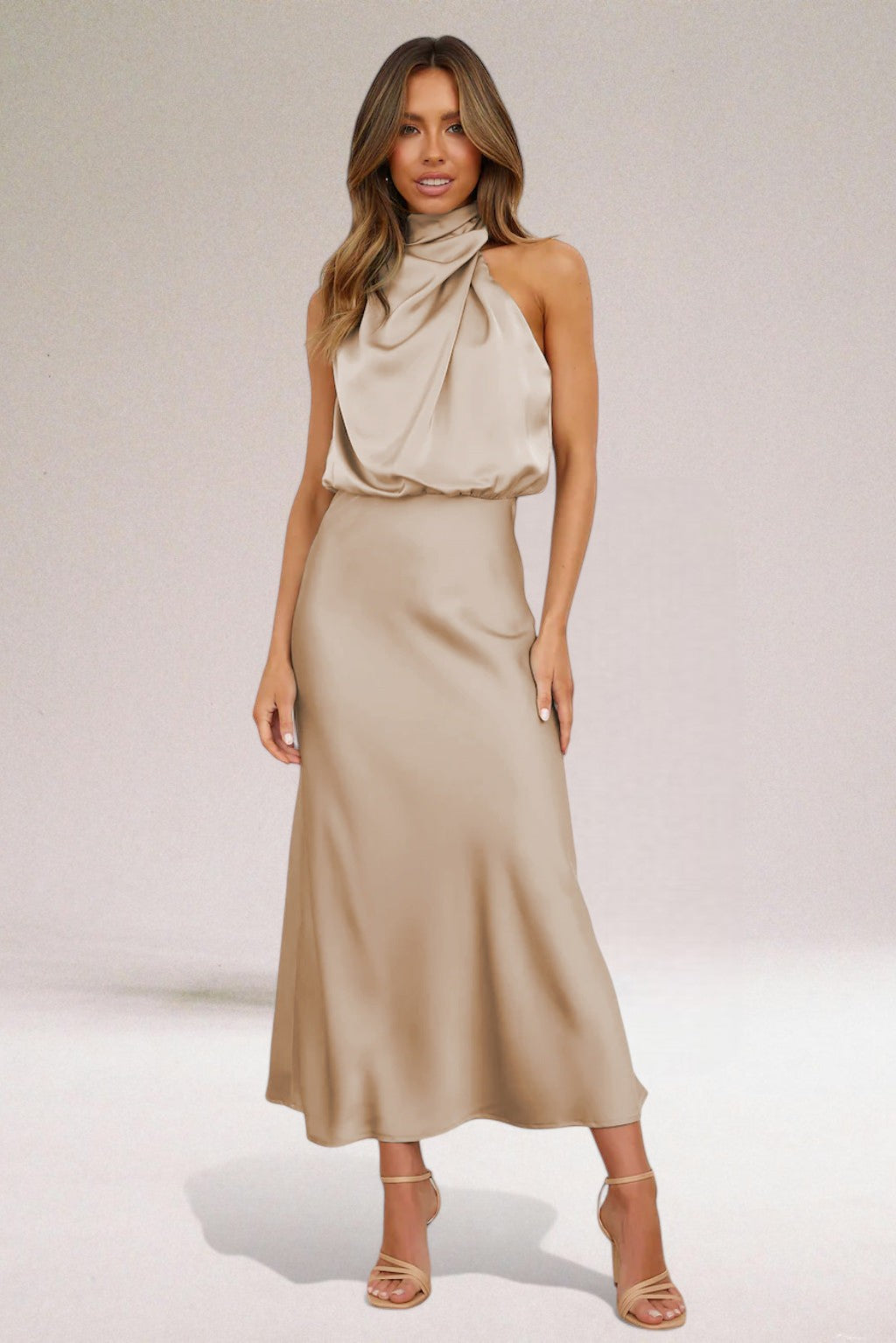 Women’s Halter-neck Maxi Dresses with High Neck and Drape Cowl Bodice