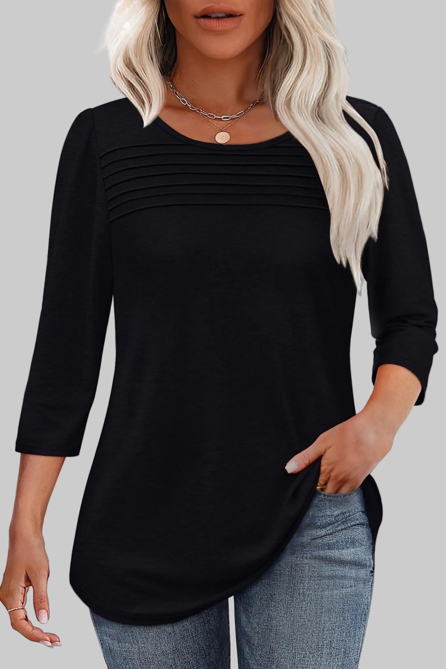 Women's Tunic Top Horizontal Pleated Chest 3/4 Sleeve Crew Neck Blouse