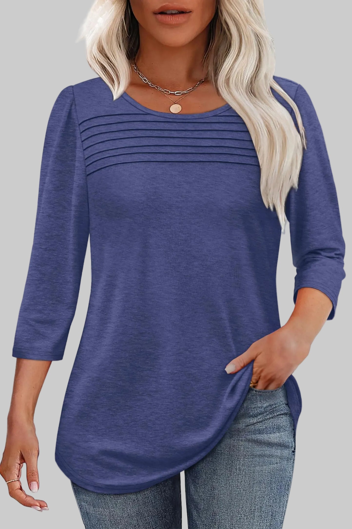 Women's Tunic Top Horizontal Pleated Chest 3/4 Sleeve Crew Neck Blouse