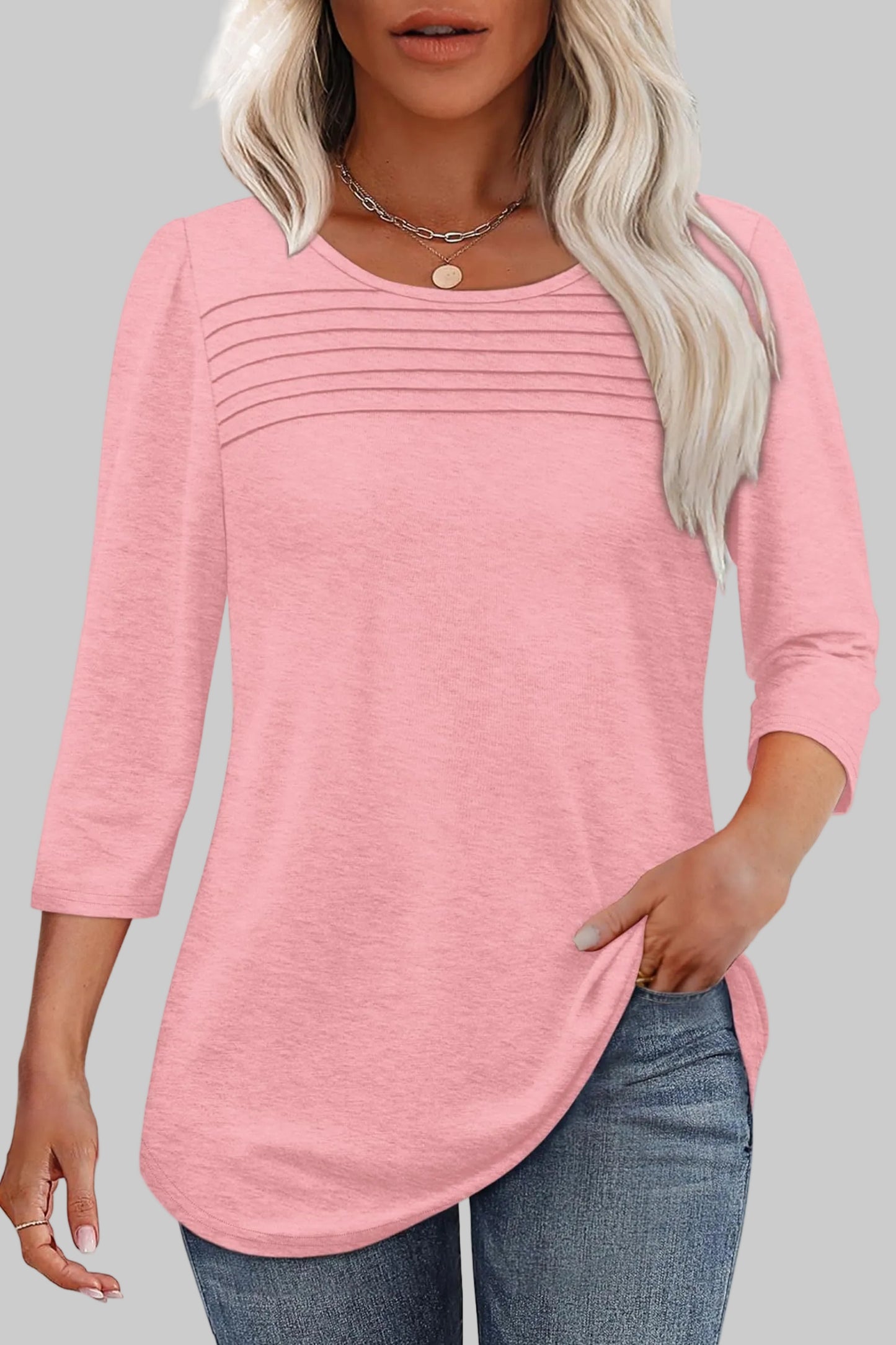 Women's Tunic Top Horizontal Pleated Chest 3/4 Sleeve Crew Neck Blouse