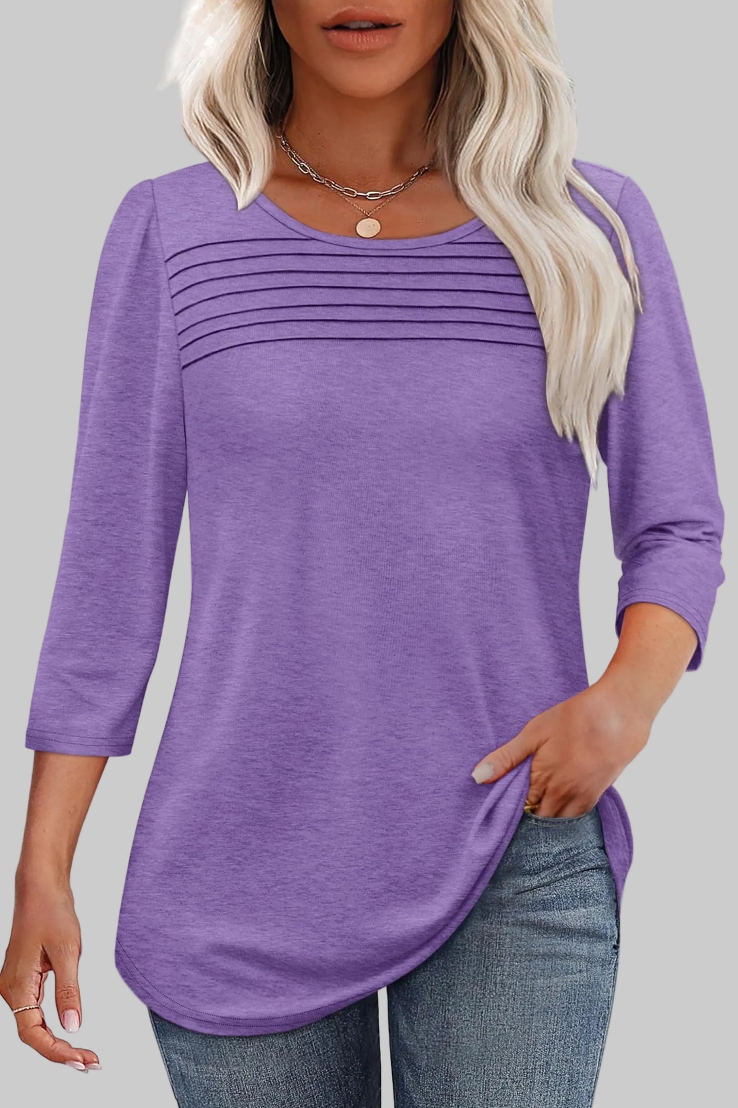 Women's Tunic Top Horizontal Pleated Chest 3/4 Sleeve Crew Neck Blouse