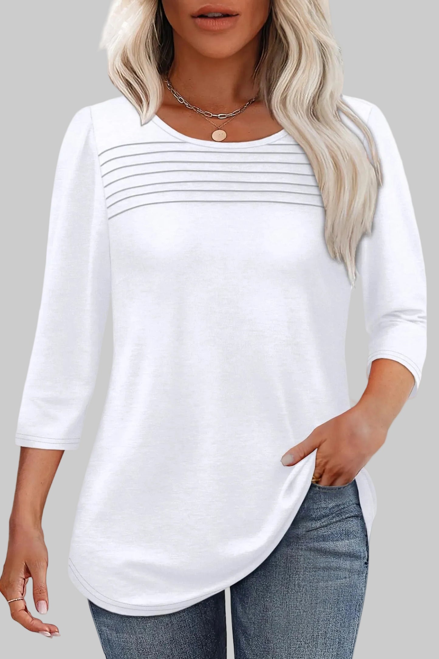 Women's Tunic Top Horizontal Pleated Chest 3/4 Sleeve Crew Neck Blouse
