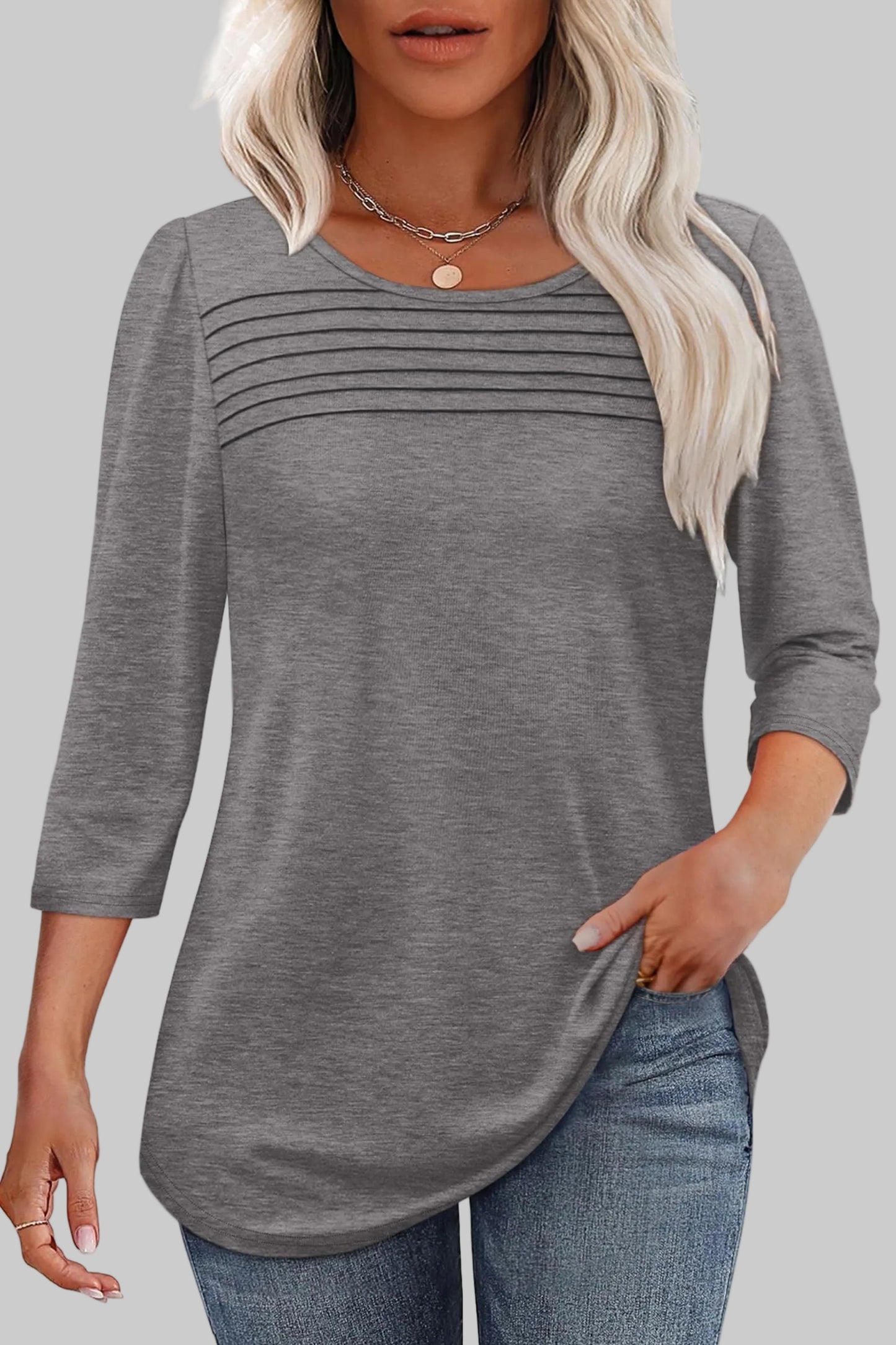Women's Tunic Top Horizontal Pleated Chest 3/4 Sleeve Crew Neck Blouse
