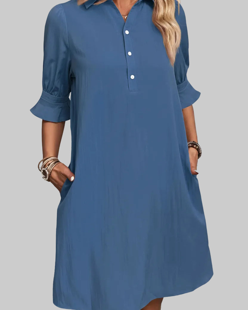 Women’s Shirt Dress 3/4 Sleeve Knee Length Button Down Shift with Pockets