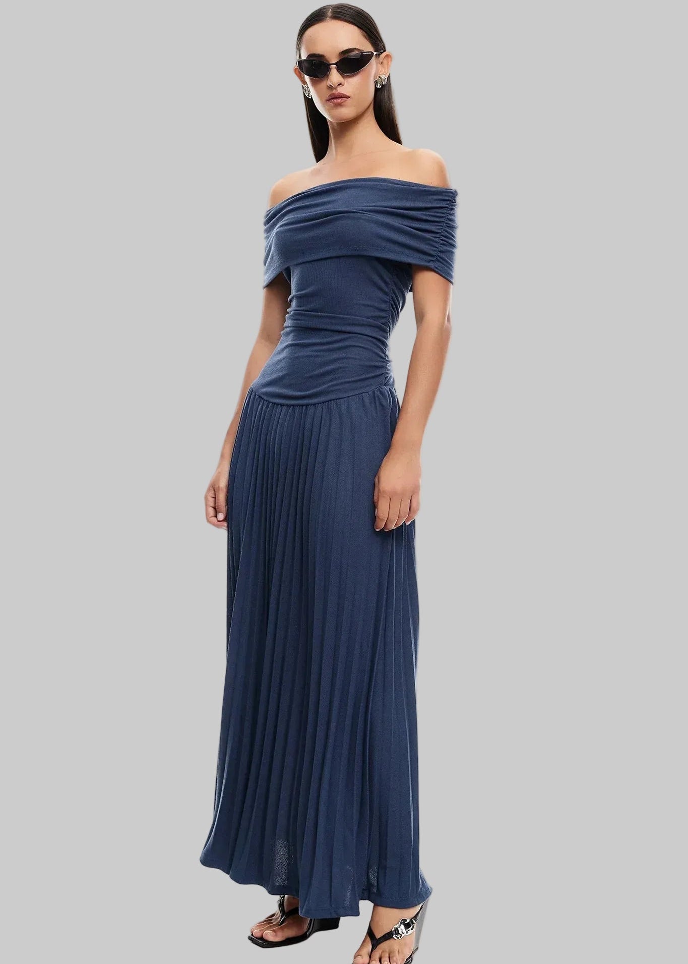 Women’s Maxi Dress with Off-Shoulder Draped Bodice and Pleated Skirt