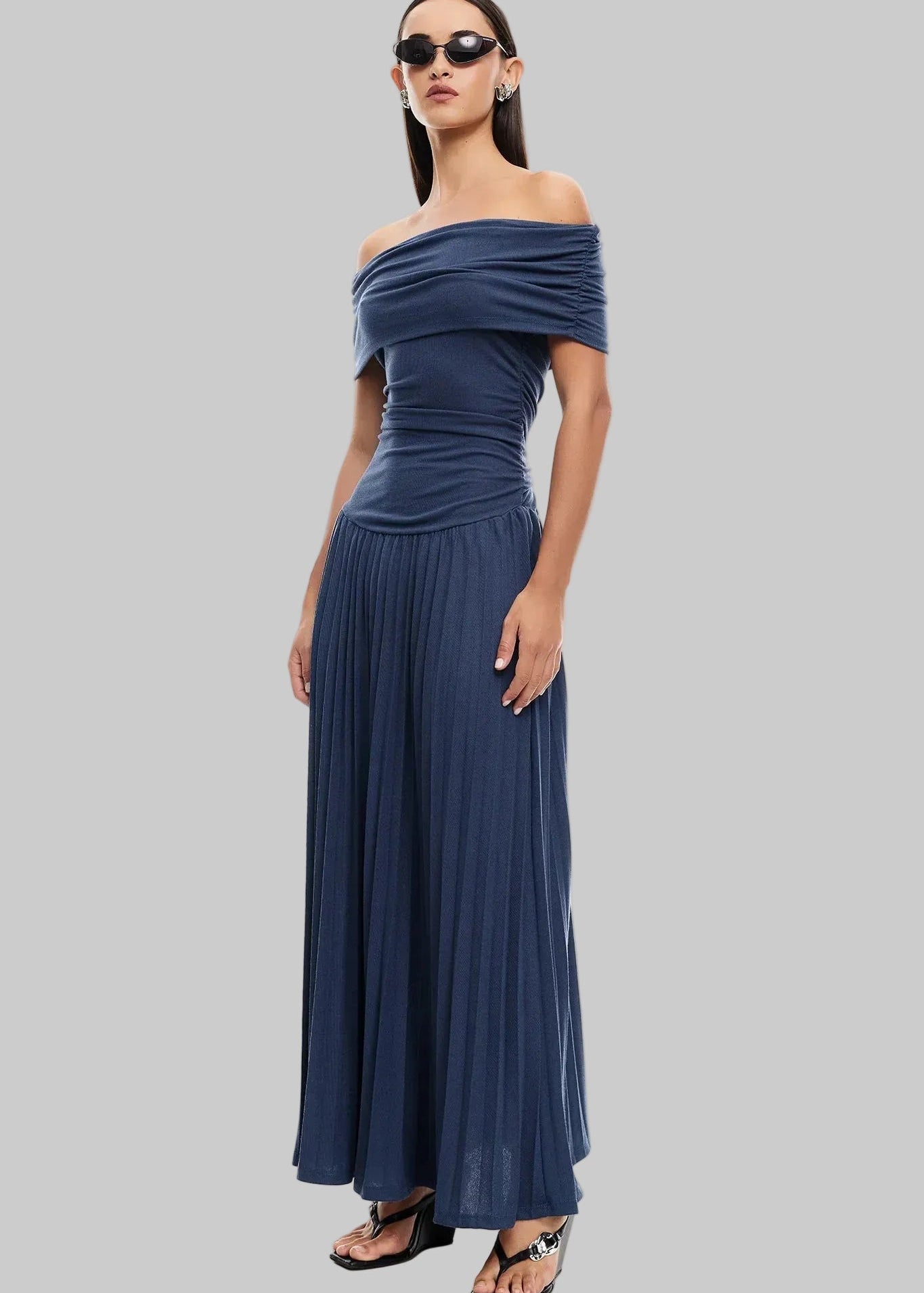 Women’s Maxi Dress with Off-Shoulder Draped Bodice and Pleated Skirt