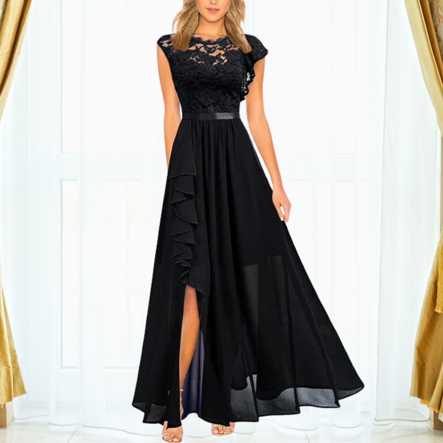 Women’s Maxi Dress with Lace Bodice and Ruffle Slit Chiffon Skirt