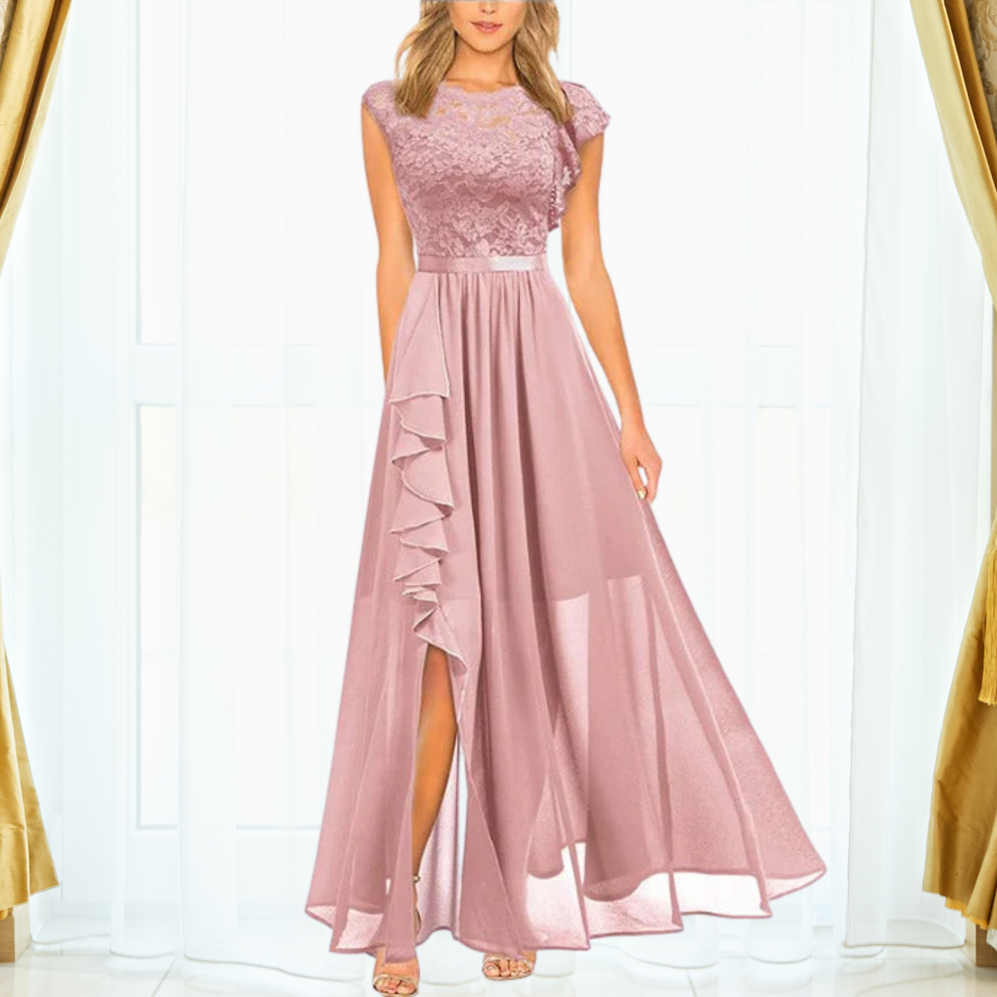 Women’s Maxi Dress with Lace Bodice and Ruffle Slit Chiffon Skirt